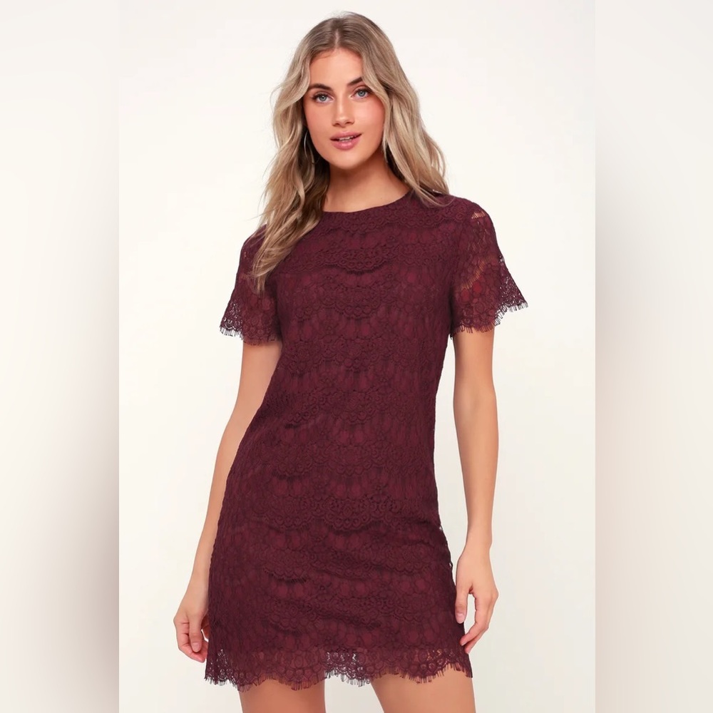 Lulu’s | Take Me To Brunch | Burgundy Lace Shift Dress | Size L